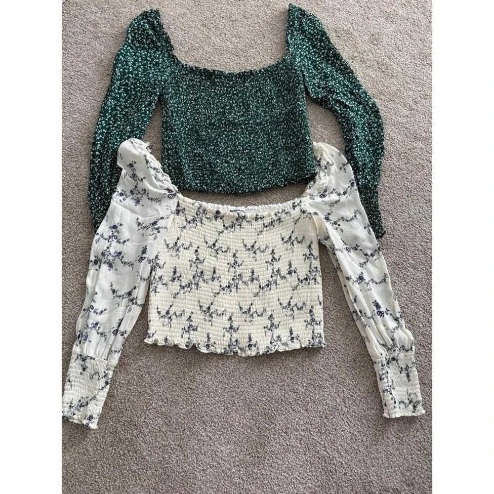 Reformation Bundle of 2 Long Sleeved Cropped Smocked Tops M Preppy Milkmaid
